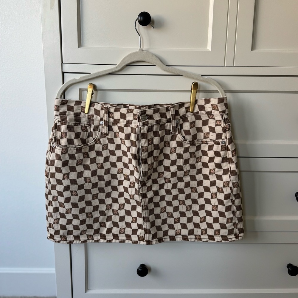 Madewell Checkered Daisy Denim Mini Jean Skirt, Brown Cream, Women’s 30